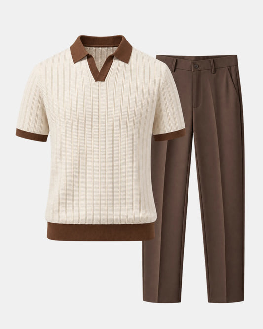 Men's Johnny Collar Knit Polo & Tapered Trouser Set in cream & brown