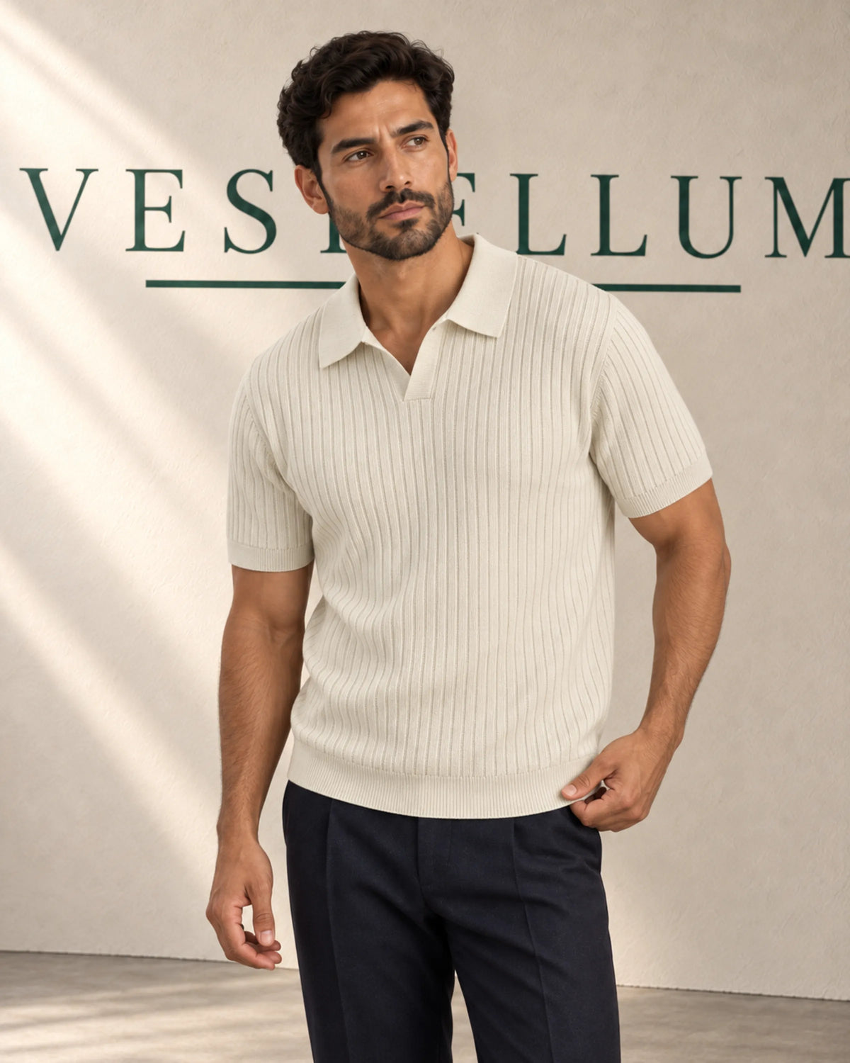 Men's Vertical Ribbed Knit Polo Shirt, product photo 1
