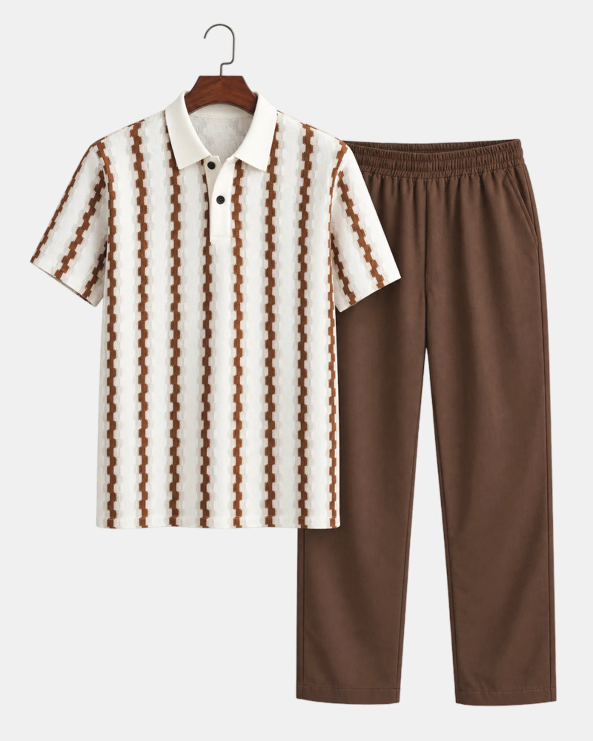 Men's Textured Knit Polo & Drawstring Trouser Set in white & brown