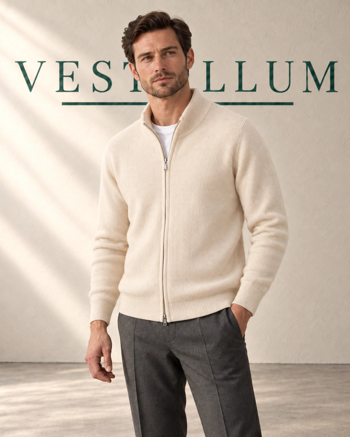 Men's Zip-Up Cashmere Jumper with Stand Collar, product photo 1
