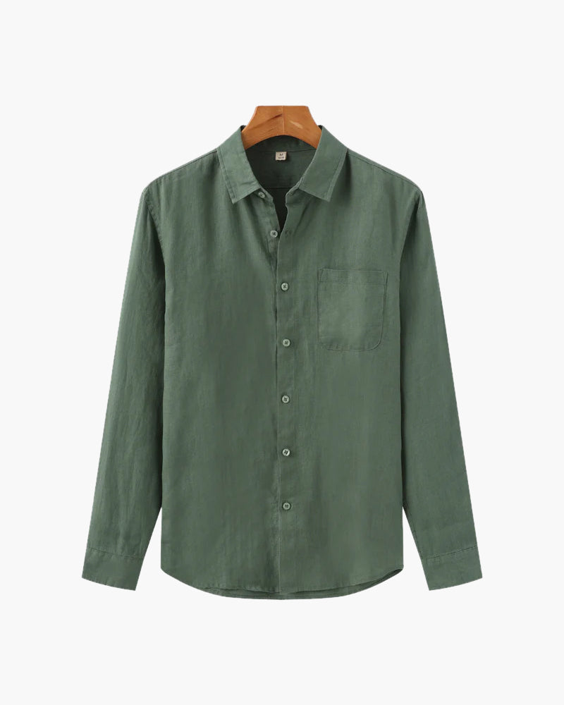 Men's Relaxed Long-Sleeve Linen Shirt with Chest Pocket in green