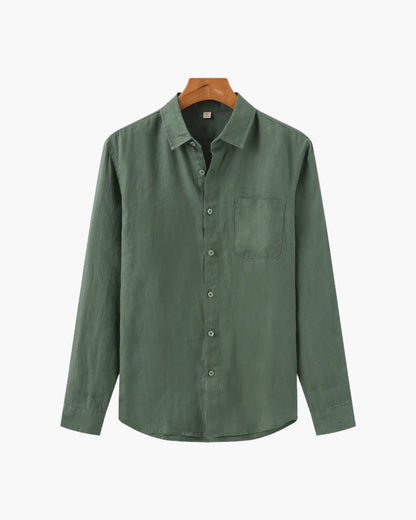 Men's Relaxed Long-Sleeve Linen Shirt with Chest Pocket in green