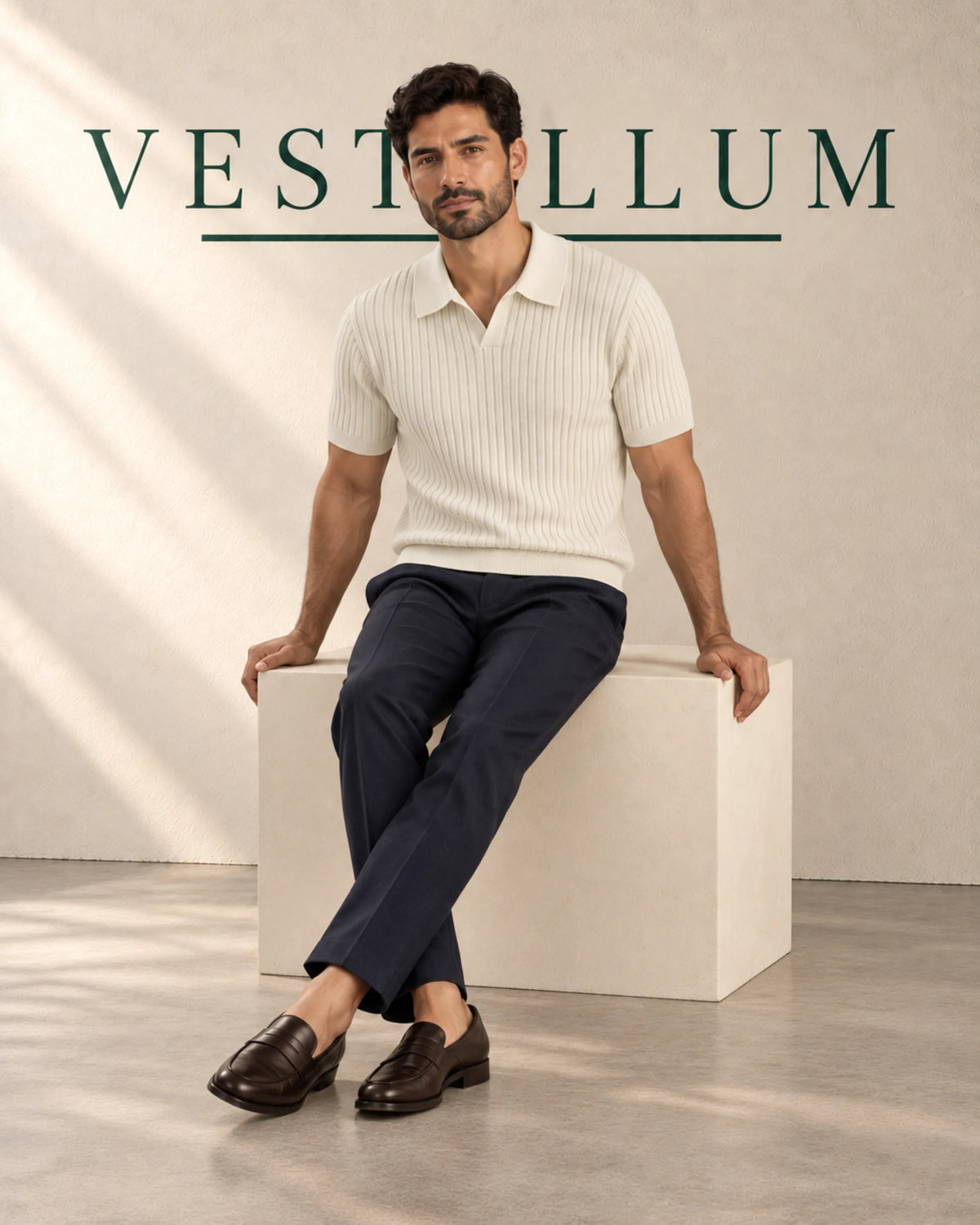 Men's Vertical Ribbed Knit Polo Shirt, product photo 3