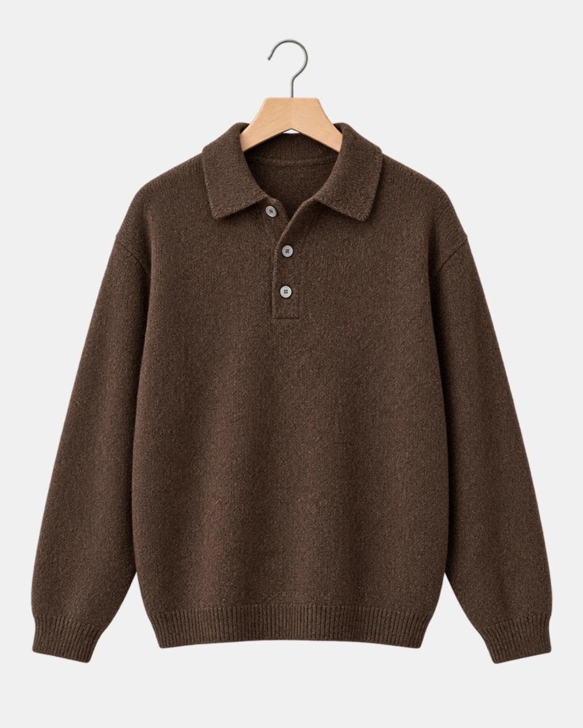 Men's Drop-Shoulder Knitted Polo Jumper in coffee brown