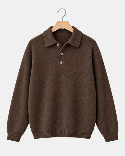 Men's Drop-Shoulder Knitted Polo Jumper in coffee brown