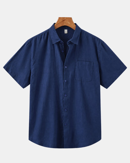 Men's Short-Sleeve Linen Shirt with Chest Pocket in blue