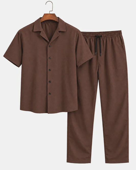 Men's Crinkle Camp Collar Shirt & Drawstring Trouser Set in coffee brown, view 4