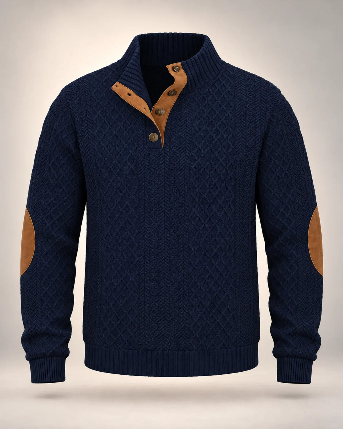Men's Jacquard Knit Button-Neck Jumper with Contrast Elbow Patches in navy