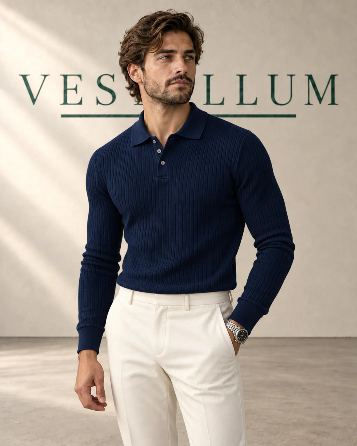 Men's Long-Sleeve Ribbed Stretch Polo Shirt, product photo 1
