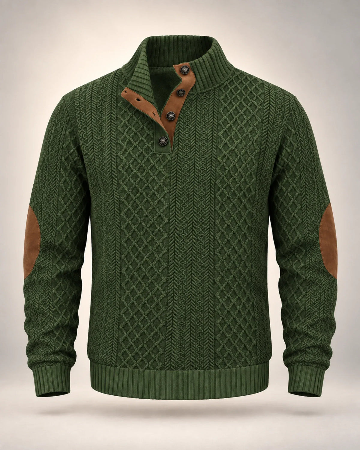 Men's Jacquard Knit Button-Neck Jumper with Contrast Elbow Patches in green