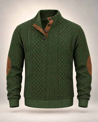 Men's Jacquard Knit Button-Neck Jumper with Contrast Elbow Patches in green