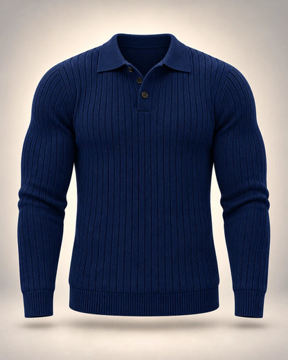Men's Long-Sleeve Ribbed Stretch Polo Shirt in navy