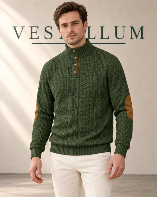 Men's Jacquard Knit Button-Neck Jumper with Contrast Elbow Patches, product photo 1