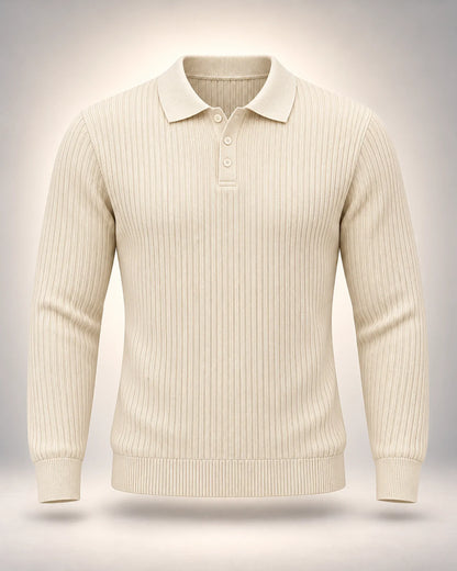 Men's Long-Sleeve Ribbed Stretch Polo Shirt in beige