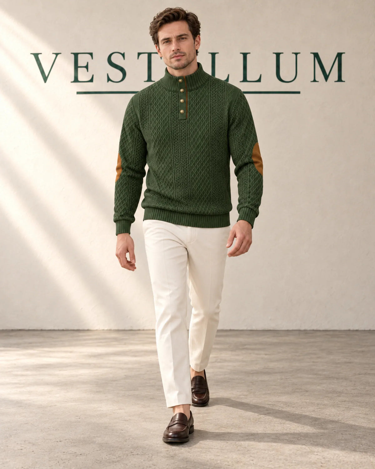 Men's Jacquard Knit Button-Neck Jumper with Contrast Elbow Patches, product photo 2