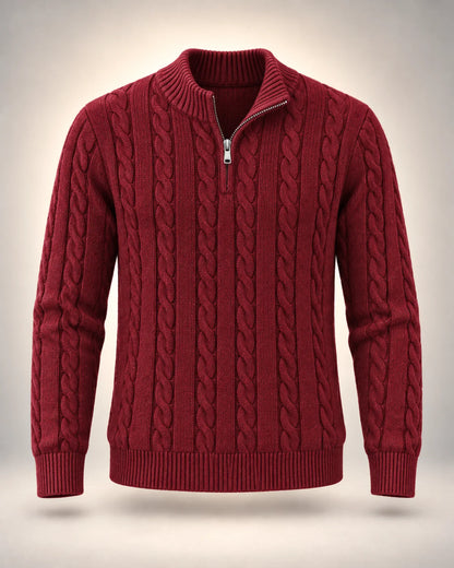 Men's Cable-Knit Half-Zip Jumper in burgundy