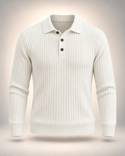 Men's Long-Sleeve Ribbed Stretch Polo Shirt in white