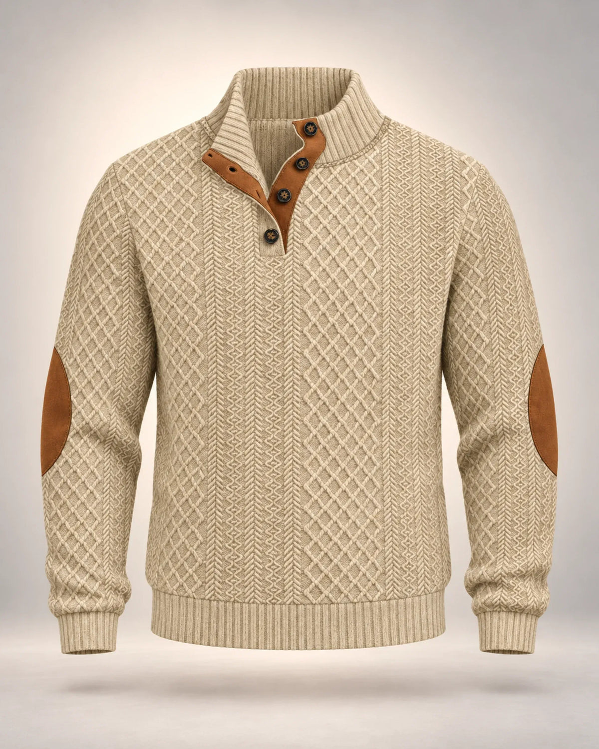 Men's Jacquard Knit Button-Neck Jumper with Contrast Elbow Patches in beige