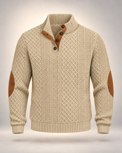 Men's Jacquard Knit Button-Neck Jumper with Contrast Elbow Patches in beige